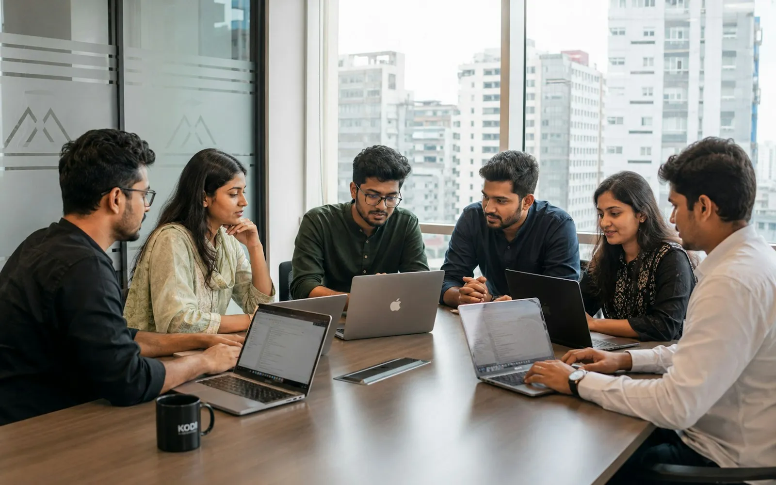 Six colleagues discussing work on laptops around a conference table with city high-rises outside