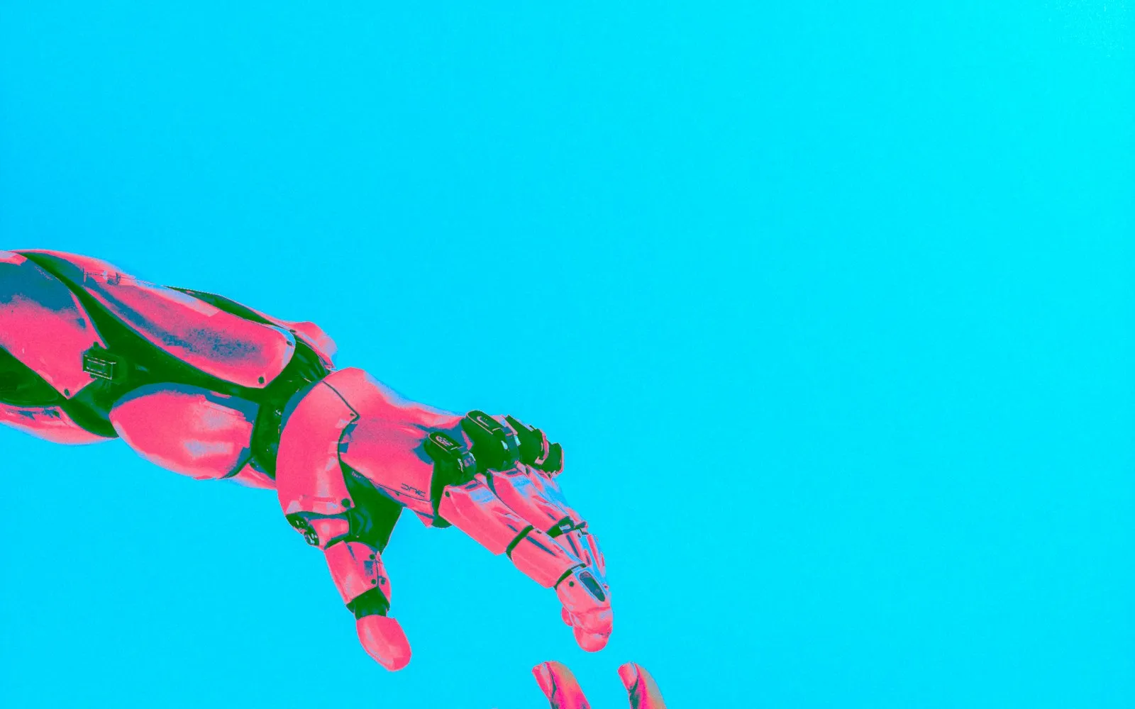Robotic hand reaching toward a human finger against a bright cyan background