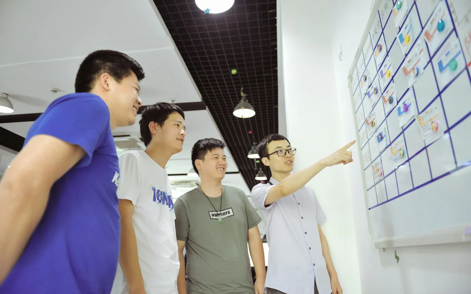 Four young colleagues in an office look at a wall planning board covered with colored task cards as one points to an item