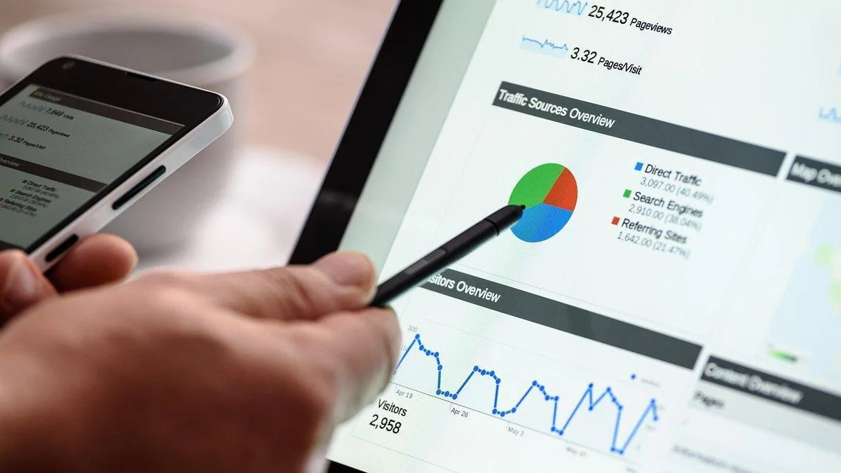 Hand pointing a stylus at an analytics dashboard showing traffic sources, pageviews and visitors
