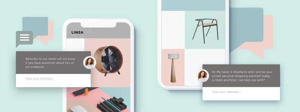 Online store on two phones with chat windows where a virtual shopping assistant greets the customer