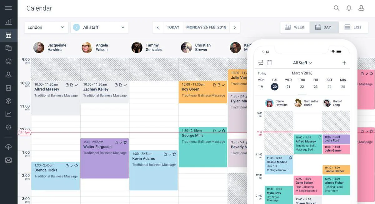 Appointment calendar showing therapists' bookings by time slot on desktop and mobile