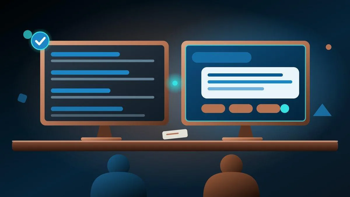 Illustration of two people comparing a list of search results with an AI answer on side-by-side monitors