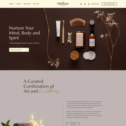 Massage and wellness website with the headline Nurture Your Mind, Body and Spirit above a display of care products
