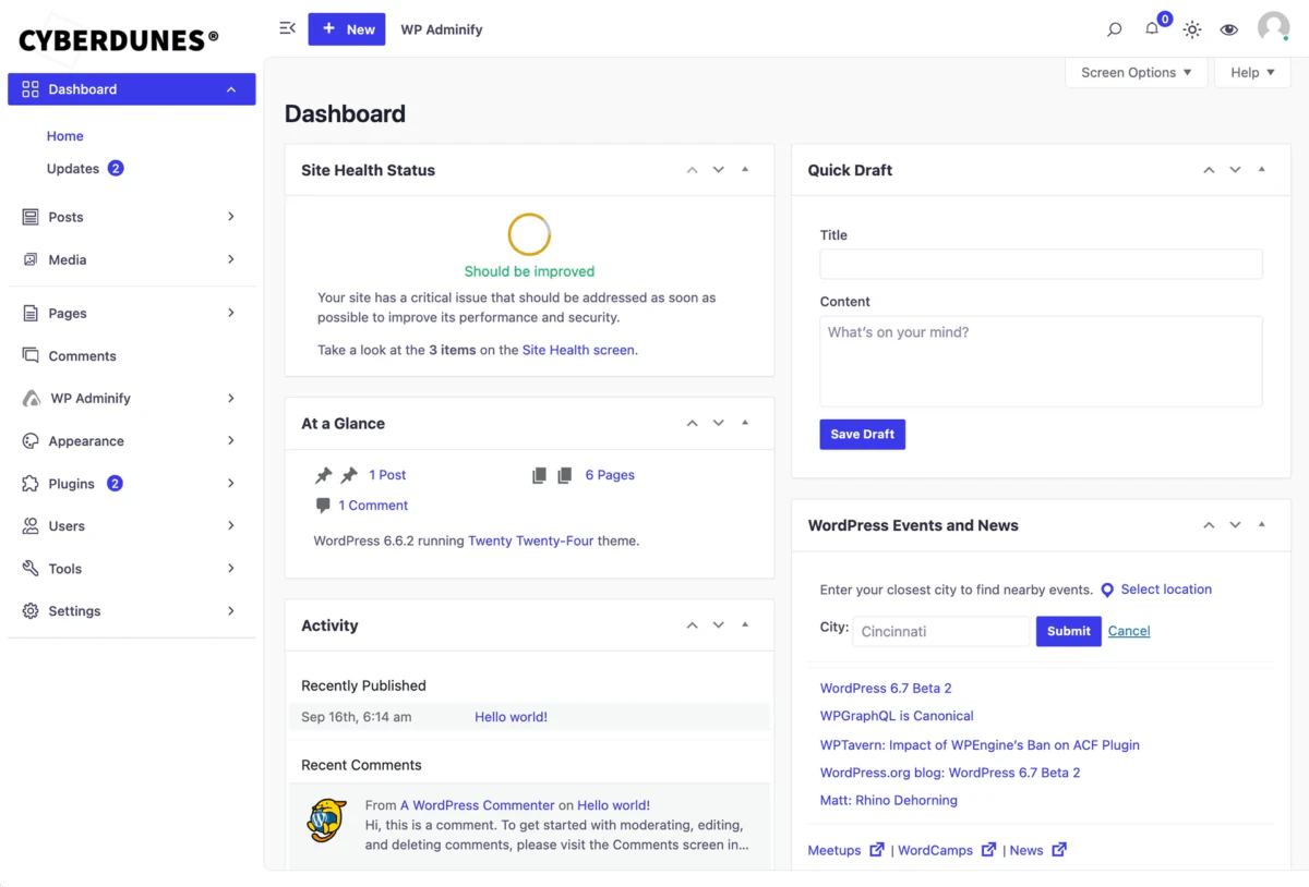 Apex® dashboard with site health, quick draft and activity panels