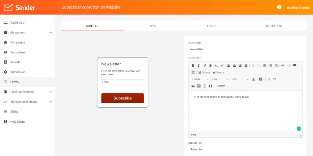 Sender form builder creating a newsletter sign-up form with a subscribe button