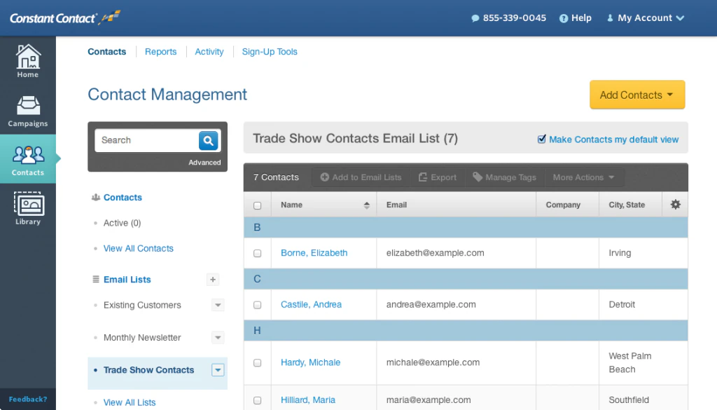 Constant Contact contact management screen listing contacts in an email list