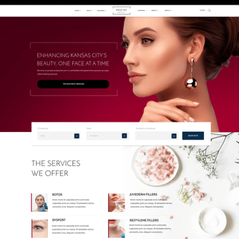 Face KC beauty website listing services such as Botox, Dysport and fillers with a booking bar