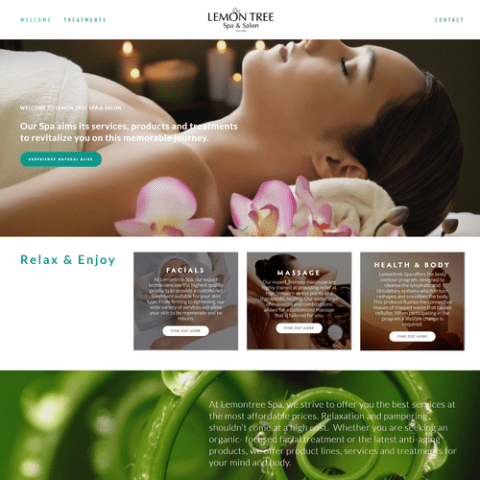 Spa website homepage with a relaxing treatment photo and links to facials, massage and body treatments