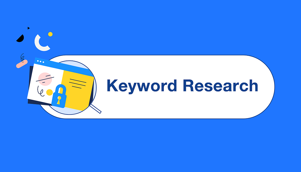 Illustration of a magnifying glass over a web page next to the words Keyword Research