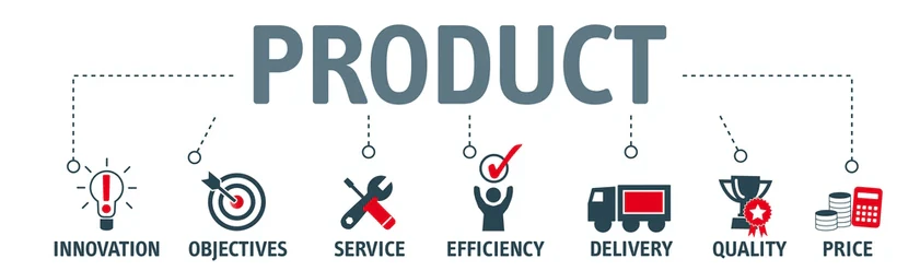 Icons for seven product priorities: innovation, objectives, service, efficiency, delivery, quality and price