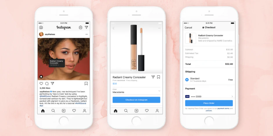 Three phone screens showing a product being tagged in a social post, viewed and bought at checkout
