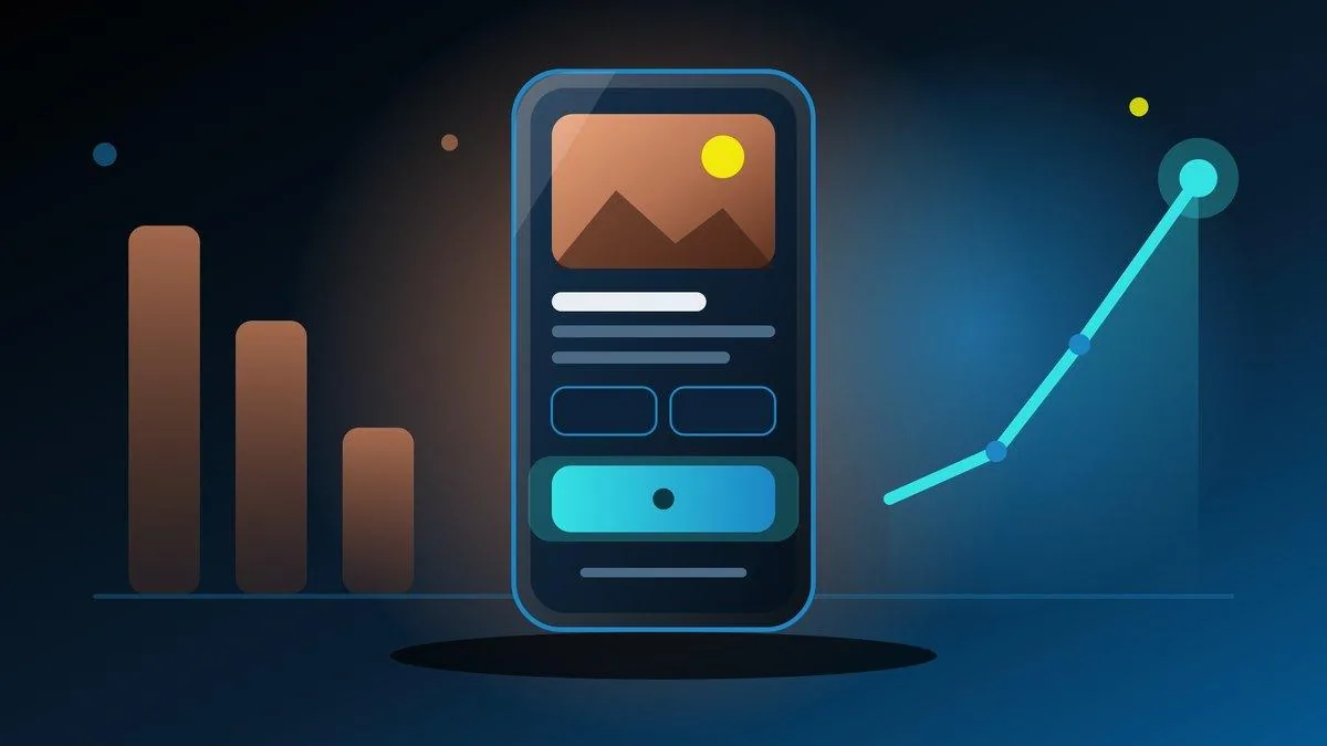Illustration of a phone showing a landing page with a highlighted call-to-action button, between falling bars and a rising line chart