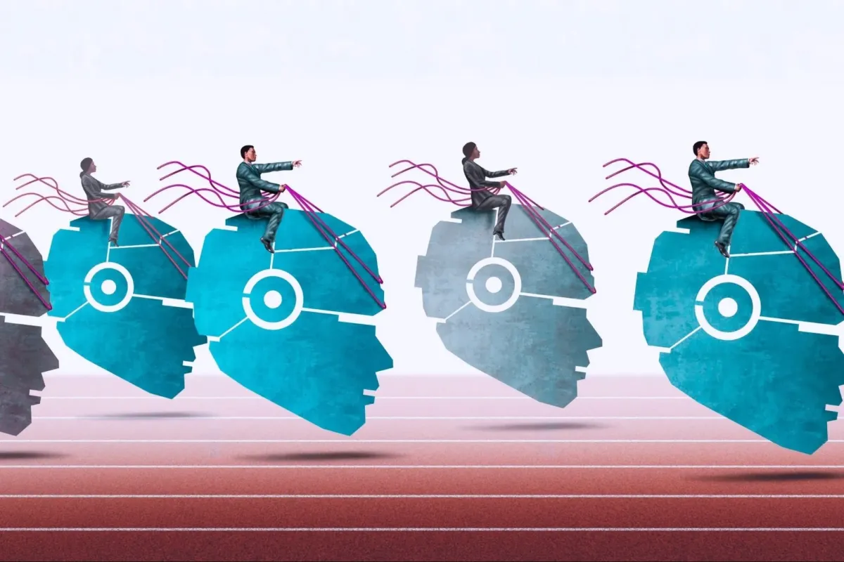 Illustration of business people riding giant robotic AI heads in a race along a running track