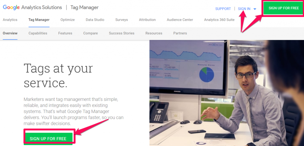 Go to Google's Tag Manager Website and get started. 